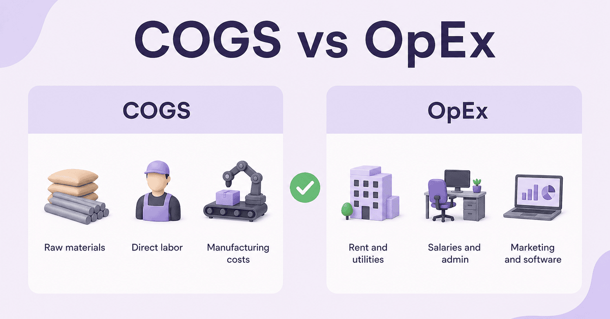Illustration comparing COGS and operating expenses sorted into two columns with a ledger checkmark between them