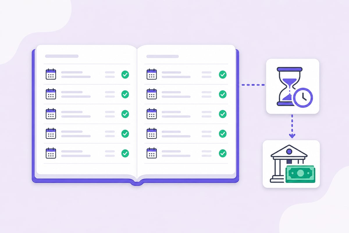 Illustration of Amazon DD+7 deferred transactions showing a calendar and hourglass delaying funds before they reach the accounting ledger