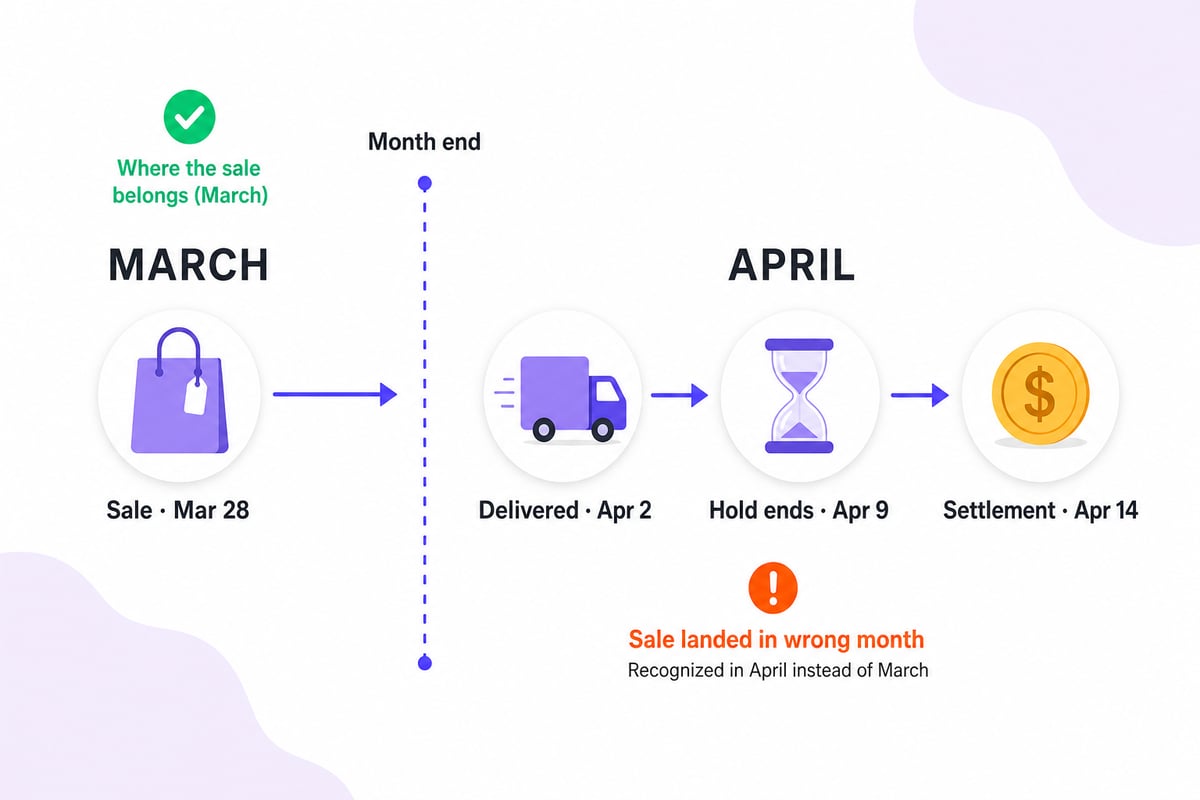 Timeline showing an order placed March 28, delivered April 2, held under DD+7 until April 9, and paid in an April 14 settlement — landing in the wrong month for settlement-based books