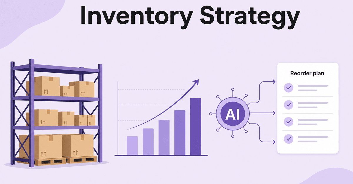 Illustration of inventory strategy flowing from warehouse stock through analytics and AI to a reorder plan