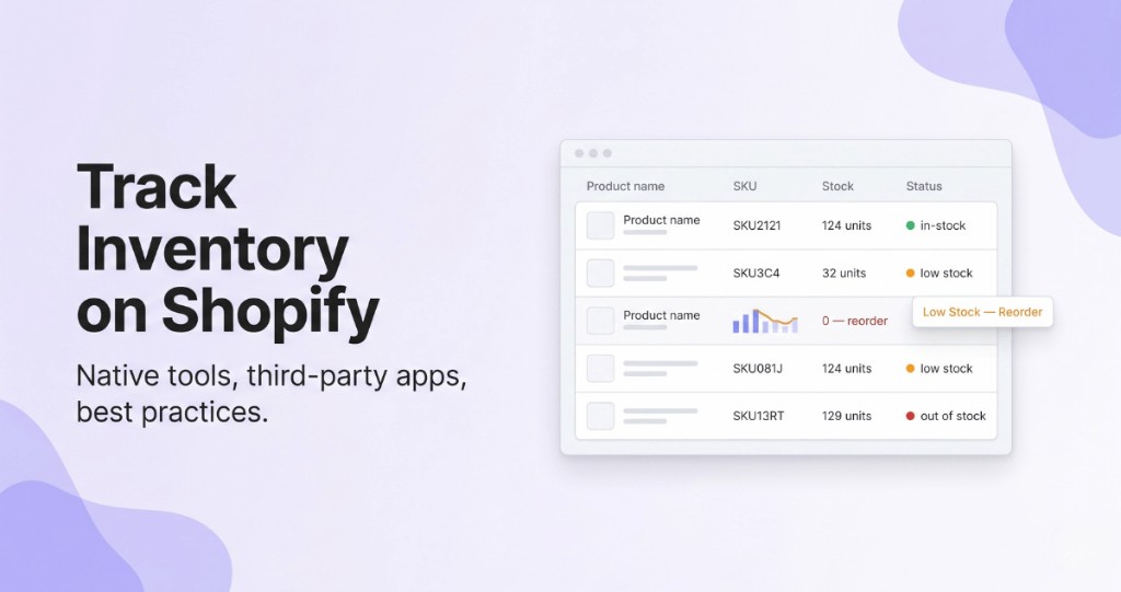 Shopify inventory tracking dashboard showing SKU stock levels, low-stock alerts, and reorder status